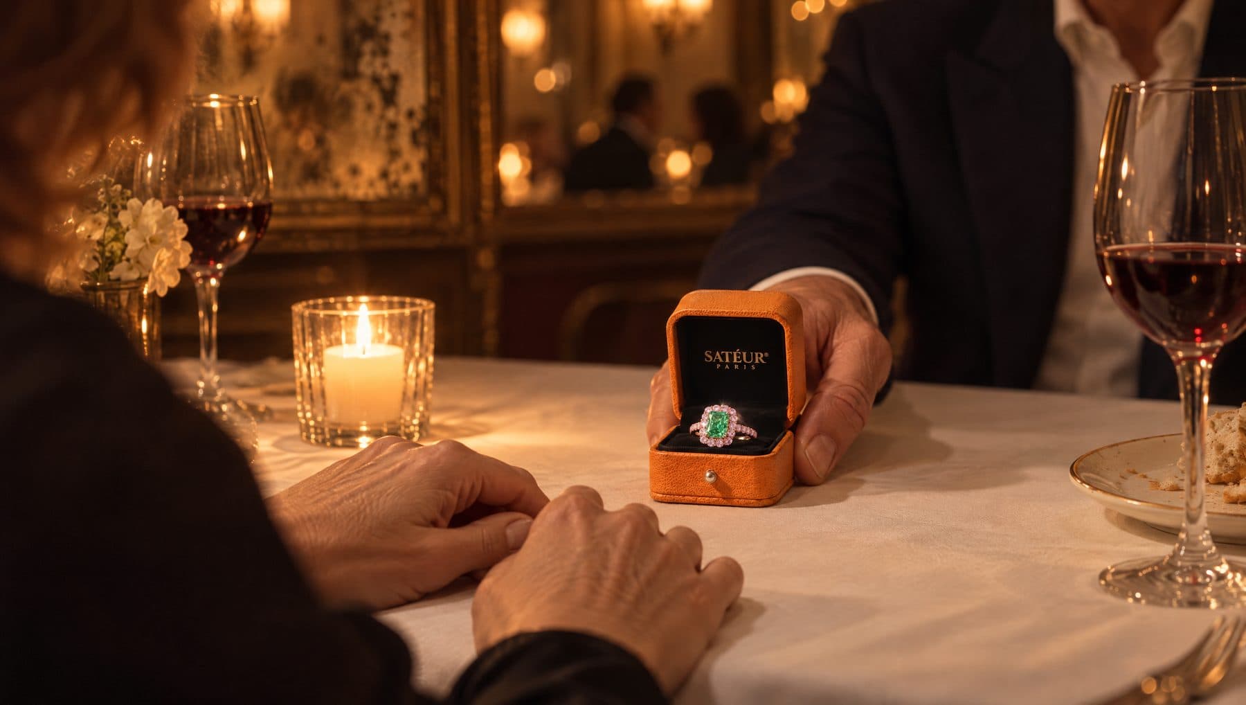 A man slides an open orange box across a candlelit table