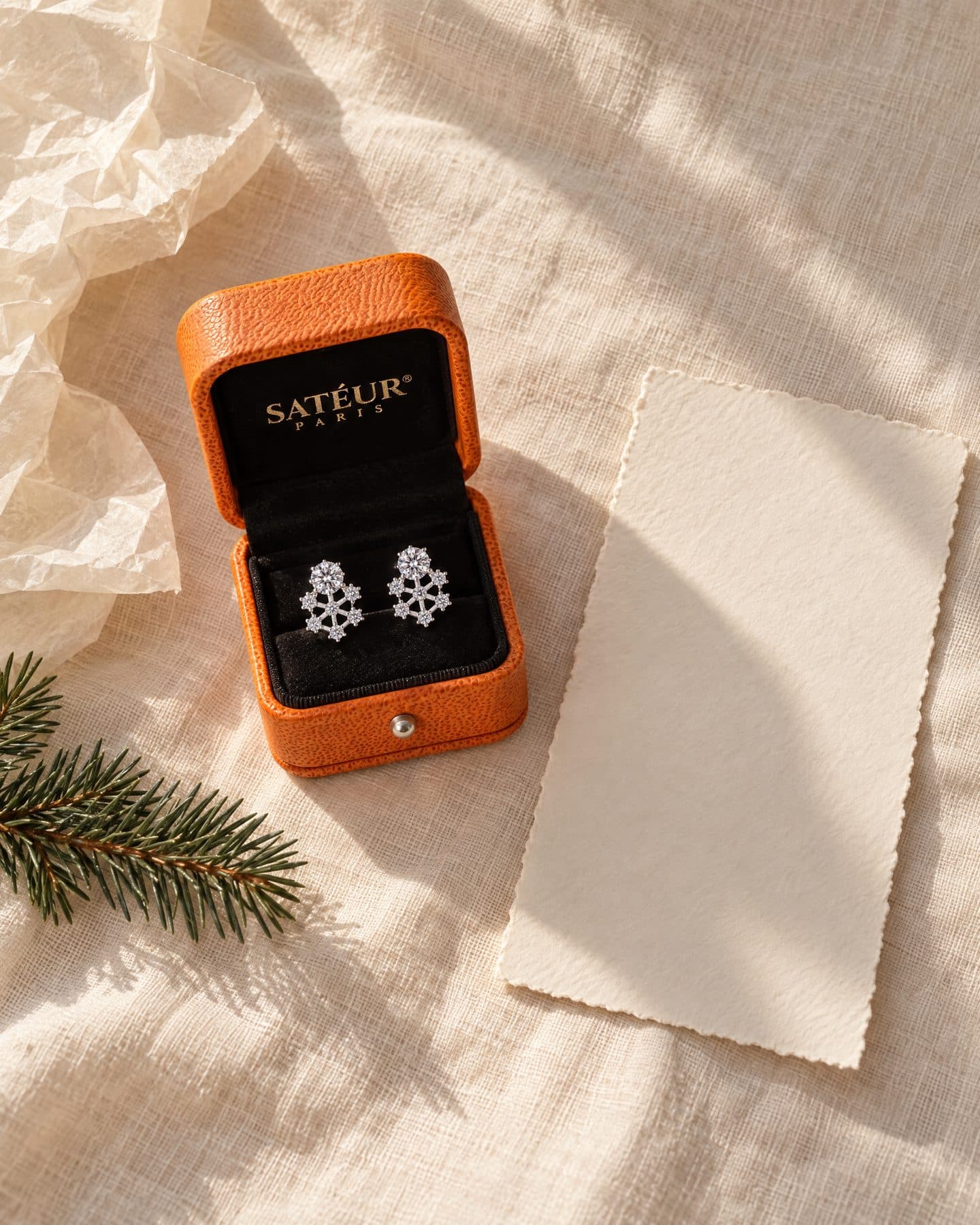 An open orange Satéur box with snowflake earrings and a Club card on linen